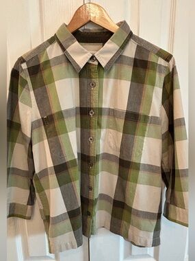 Christopher & Banks 100% Cotton Plaid Cropped Button Down Green L EUC
